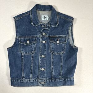 Vtg 90s Calvin Klein Denim Jean Trucker Vest Blue Denim USA Made